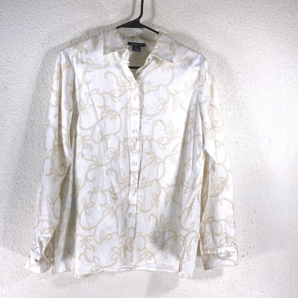 Jones New York Signature Petite Cotton Embroidered Button Down Shirt Cream PL
